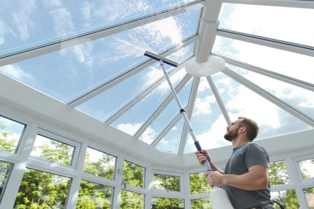 Nettoyer les vitres d'une véranda en hauteur