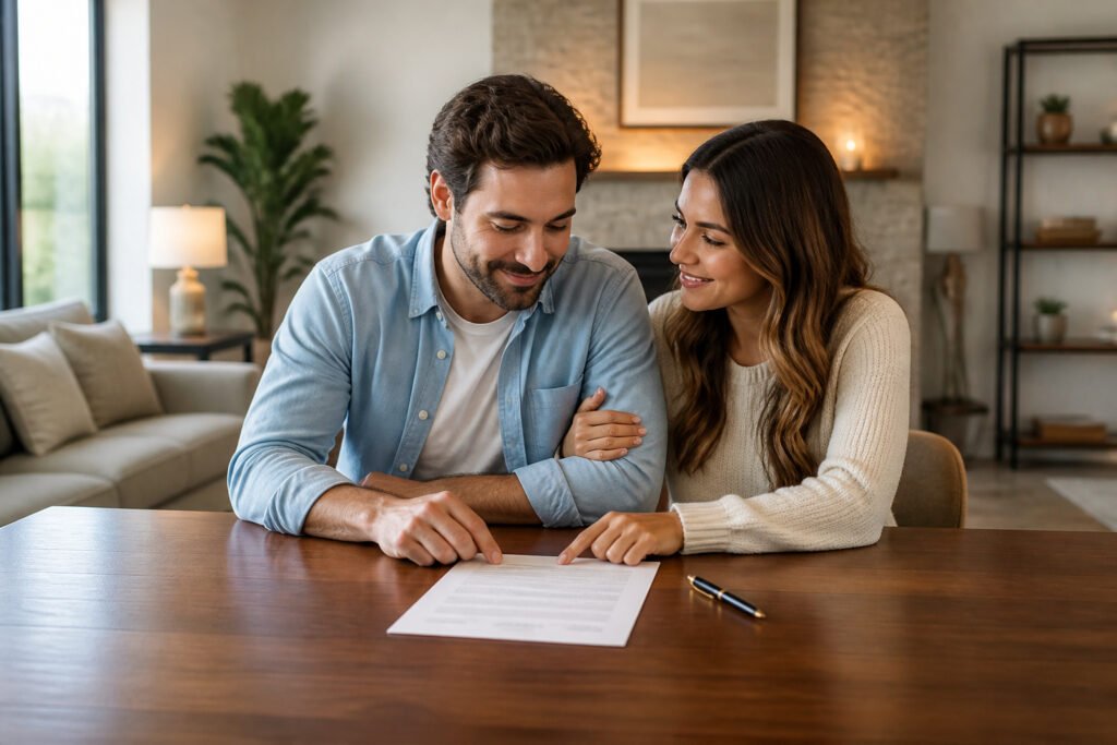 Couple signant un document important a la maison