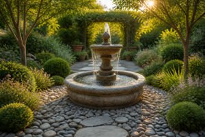 Fontaine de jardin paisible au coucher du soleil