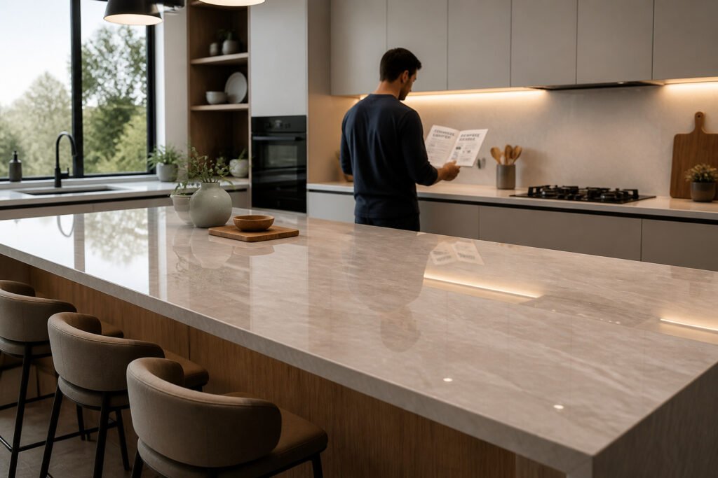 Cuisine moderne avec un homme lisant un guide
