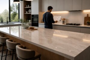 Cuisine moderne avec un homme lisant un guide
