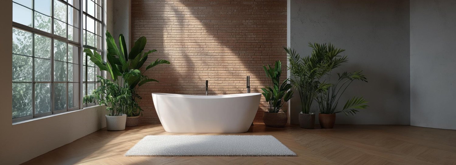 Une baignoire contemporaine avec des plantes d'intérieur luxuriantes et un design de maison élégant